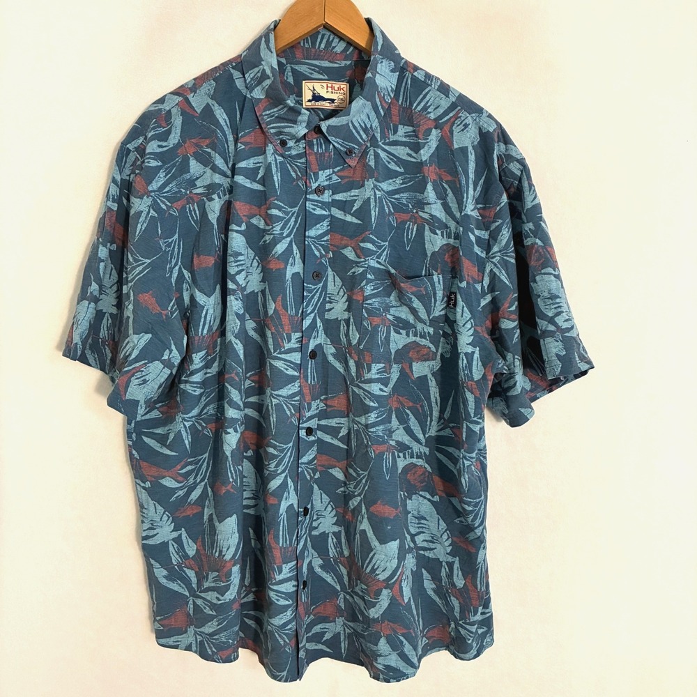 Huk Fishing Shirt Mens 2XL Button Down Short Sleeve Tropical Floral Hawaiian